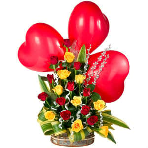 Red Heart Shaped Balloons n Mixed Rose Basket